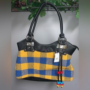 WOMENS BLUE &‎ YELLOW KNIT WITH BLACK VINYL LARGE HANDBAG NEW